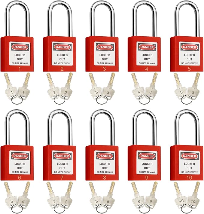 SAFBY Lockout Tagout Locks, Safety Padlock, Keyed Differently Loto Safety Padlocks for Lock Out Tag Out Kits Station (Red 1-10)