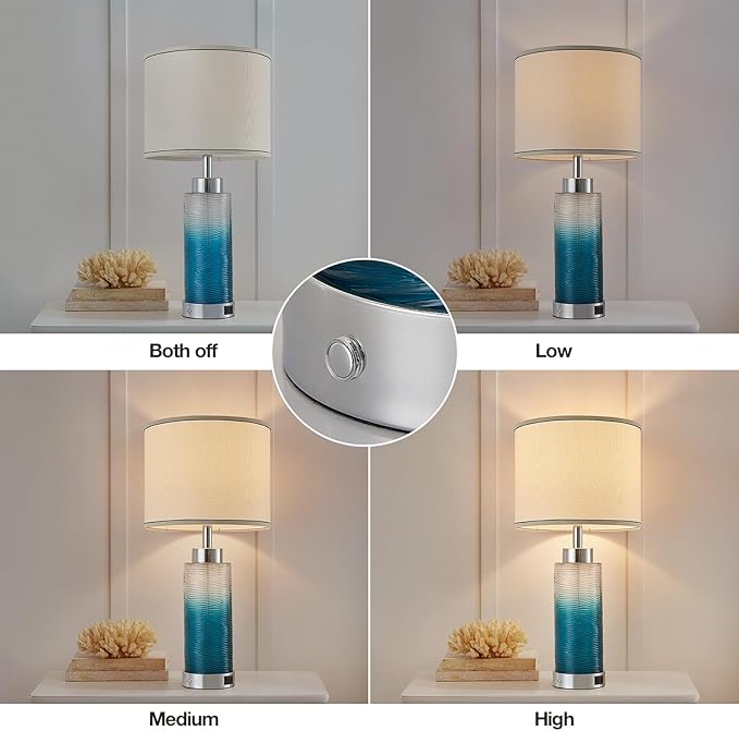 Modern Glass Table Lamps, 3-Way Dimmable Touch Control Bedroom Lamps for Nightstands，Bedside Lamps Set of 2 with USB A+C Ports,Living Room，Home，Office with Linen Shade (Bulbs Included)