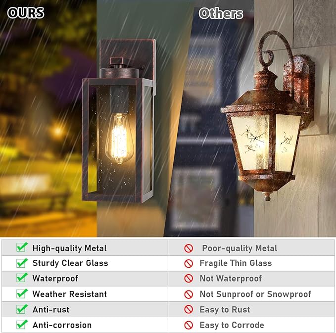BesLowe 2-Pack Outdoor Wall Light Fixtures, Exterior Waterproof Wall Lanterns, Porch Sconces Wall Mounted Lighting with E26 Sockets & Glass Shades, Modern Wall Lamps for Patio Front Door, Brown