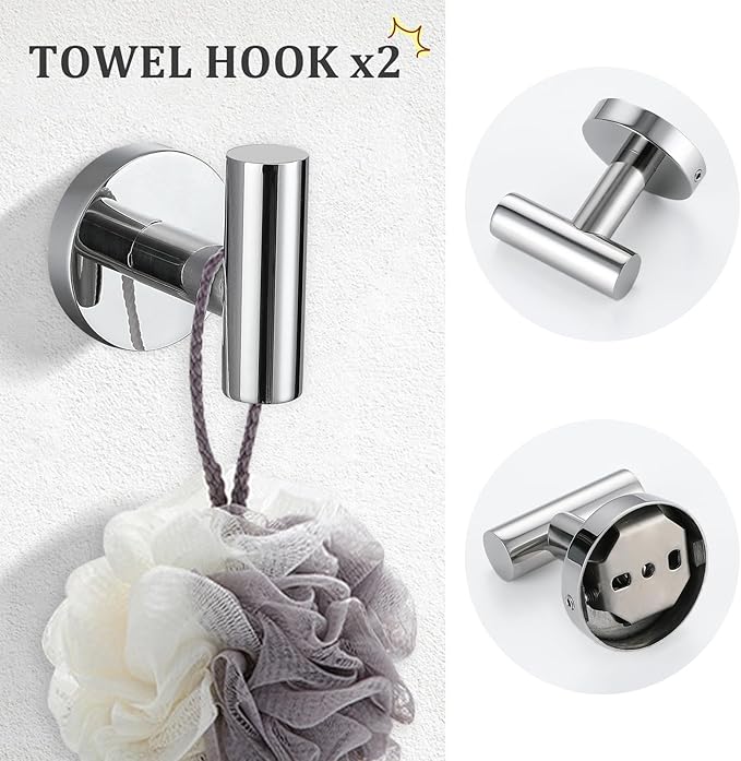 TURS Chrome 5 Piece Bathroom Hardware Set, SUS304 Stainless Steel 24 Inch Bath Towel Bar Set, Round Bathroom Accessories Kit Wall Mounted