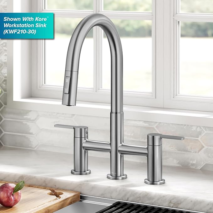 KRAUS Oletto Bridge Kitchen Faucet with Pull-Down Sprayhead in Spot-Free Stainless Steel, KPF-3122SFS