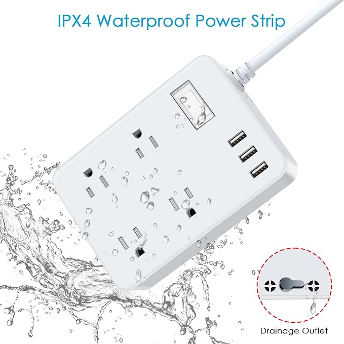 Jgstkcity Outdoor Waterproof Power Strip, 4 Flat Plug Outlets and 3 USB Ports, Mountable Weatherproof Surge Protector, Multi Outlet Extension for Camping, Garden, Kitchen, Bathroom, 6ft Cord (Grey)