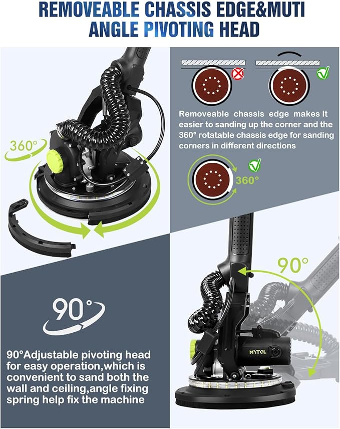 Drywall Sander, 7.2A Electric Drywall Sander with Vacuum Dust Collection, LED Light, 6 Variable Speed Digital Display 900-1800RPM, Foldable & Extendable Handle