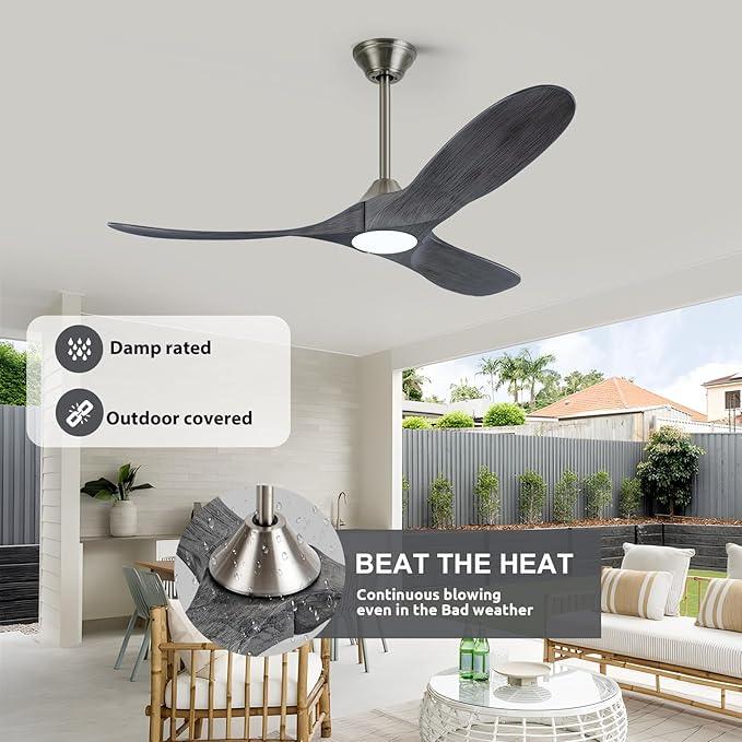 60 Inch Gray Wood Ceiling Fans with Lights, Smart Control-Remote/Alexa/Tuya App, Outdoor Ceiling Fan for Patio with Reversible DC Motor, Modern Farmhouse Ceiling Fan for Office Exterior Porch