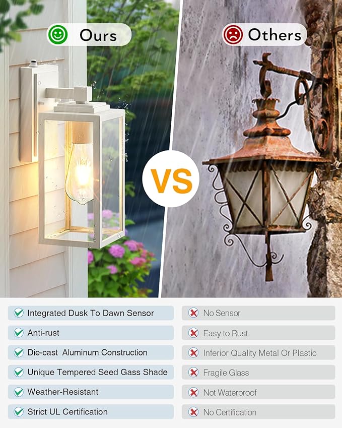 VIANIS Outside Lights for House Wall Mount, White Dusk to Dawn Outdoor Lighting Fixtures, Waterproof Anti-Rust Aluminum Porch Lights with Tempered Seed Glass, Modern Outdoor Wall Lantern for Garage
