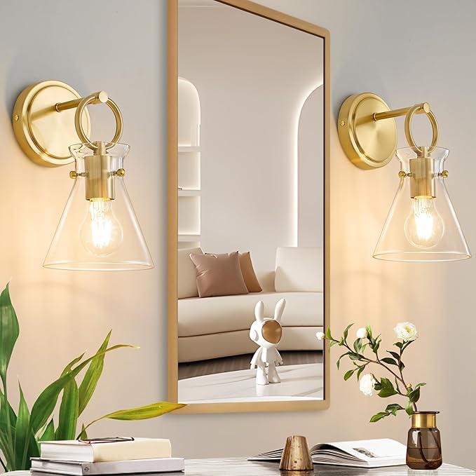 Gold Wall Sconces Set of 2 Modern Vanity Light Fixtures for Bathroom Wall Mount Lighting Lamp Hardwired Farmhouse Wall Lights with 6 Inch Clear Glass Shade for Bedroom Living Room Mirror