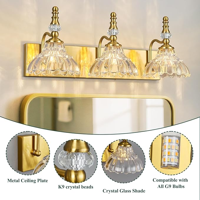 Vintage Bathroom Vanity Light, 3-Light Gold Vanity Lighting Fixture with Flower Glass Shade, Bathroom Lighting Fixtures Over Mirror
