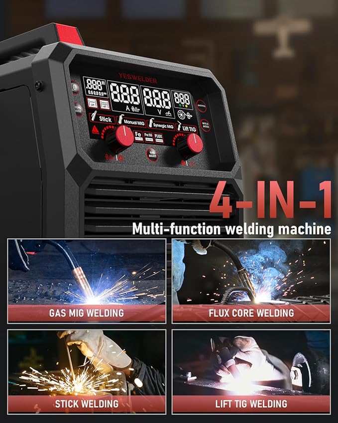 YESWELDER 165A MIG Welder, Flux Core MIG/Gas MIG/Lift TIG/Stick 4 in 1 Multi-process Welding Machine, LED Digital Display Synergic Control 110V/220V Dual Voltage MIG-165DS PRO