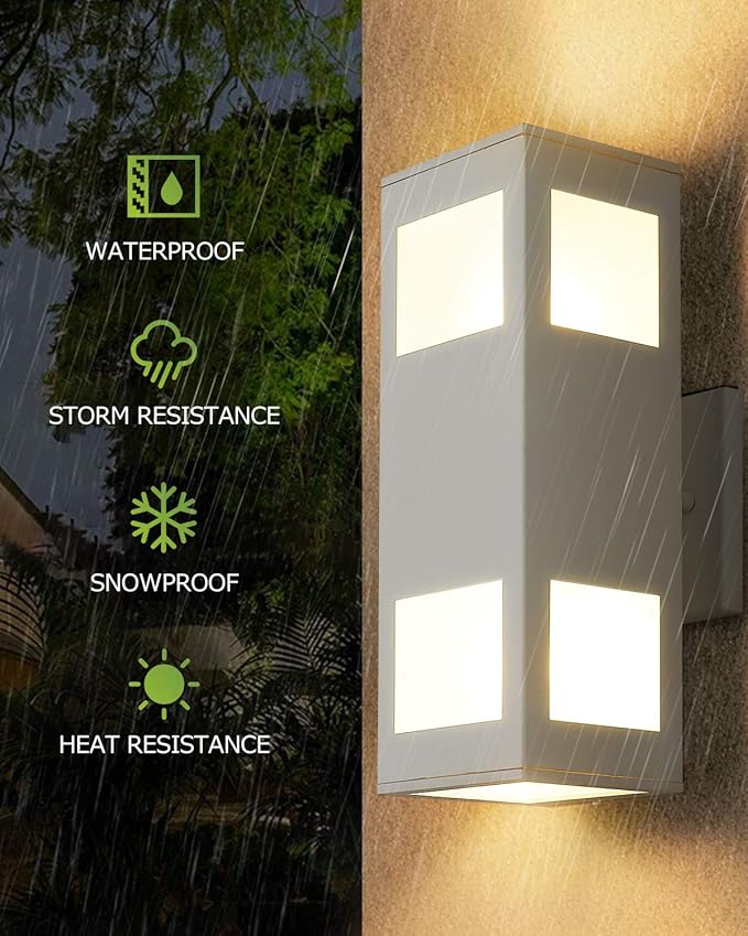 harriet Porch Lights Outdoor Modern - IP64 Waterproof Aluminum and Tempered Glass Cover, 13" Rectangular Up/Down Wall Sconce for Porch, Garage & Patio, Exterior Lighting, White, 2 Pack
