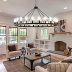 53” Large Farmhouse Wagon Wheel Chandelier,Black Rustic Chandelier 24-Lights,Round Dining Room Light with Adjustable Height,Industrial Ceiling Light Fixtures for Kitchen,Foyer,Porch,Living room