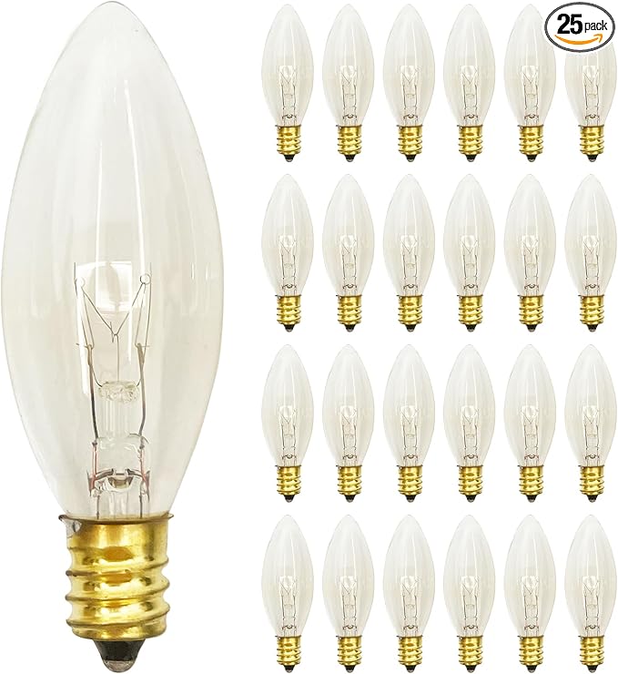 25 Pack Candelabra Replacement Bulb, C26 Clear Torpedo Tip Replacement Lights Bulbs, 7 Watt Incandescent Night Light for Indoor Outdoor Electric Window Candle, Chandeliers, C7/E12 Candelabra Base