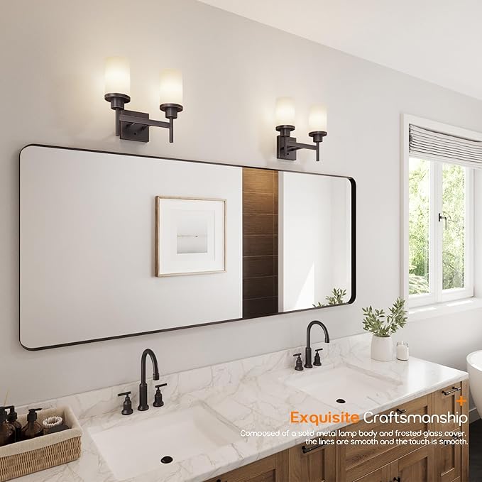 Wall Lights Over Mirror Bathroom Vanity Light Fixtures with White Frosted Glass, Double Wall Sconces for Hallway Entrance, Oil Rubbed Bronze T001ORB-L2