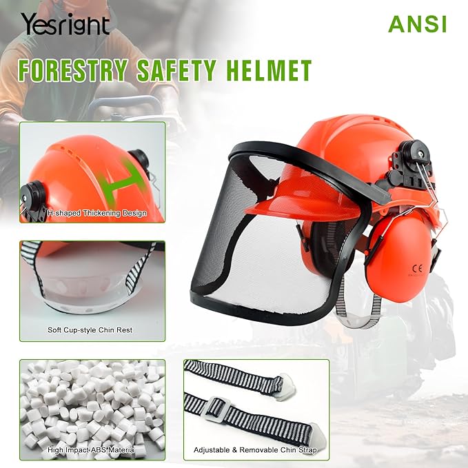 Chainsaw Helmet with Face and Ear Muffs, Forestry Safety Helmet for Mowing, Trimming, Yard Work, Landscaping, Construction and Weed Whacking