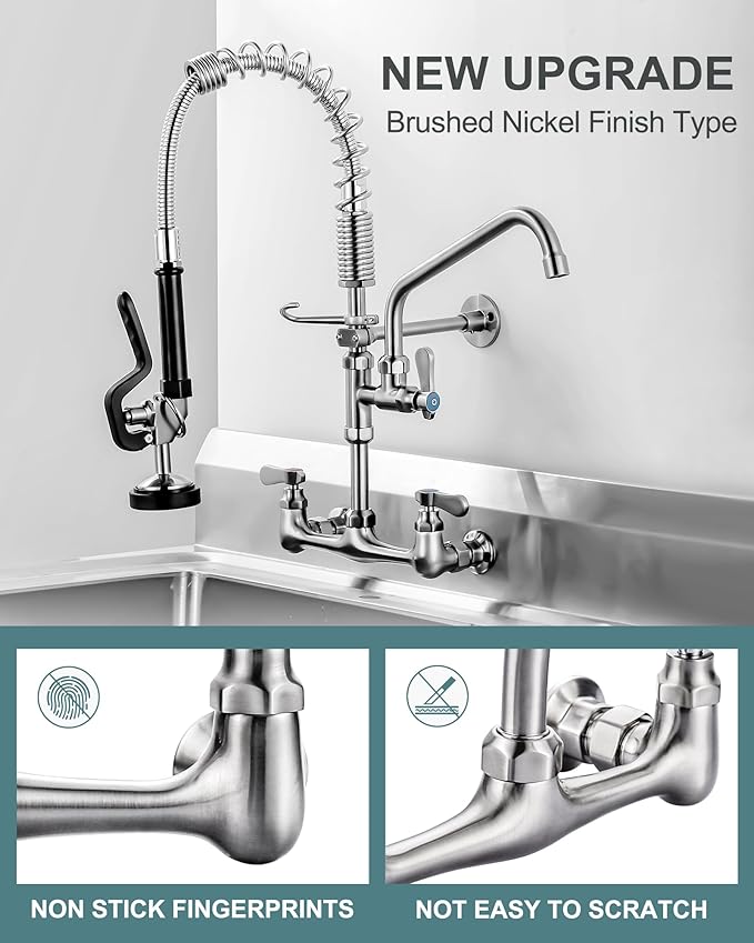 21" Height Commercial Faucet Wall Mount with Sprayer 9.6" Swing Spout 8" Adjustable Center, Kitchen Sink Faucets with Pull Down Pre-Rinse Sprayer for Restaurant Industrial Kitchen, Brushed Nickel