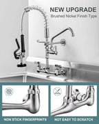 21" Height Commercial Faucet Wall Mount with Sprayer 9.6" Swing Spout 8" Adjustable Center, Kitchen Sink Faucets with Pull Down Pre-Rinse Sprayer for Restaurant Industrial Kitchen, Brushed Nickel