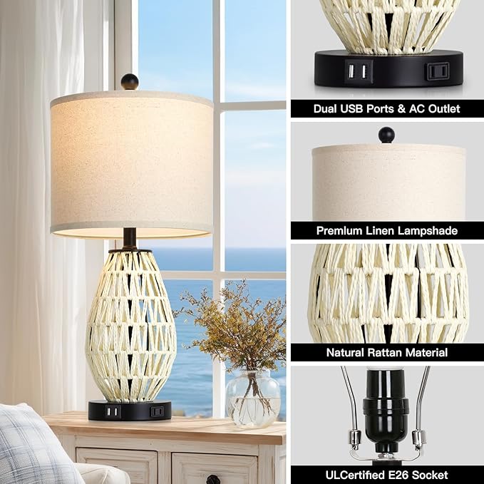 White Rattan Table Lamps Set of 2, 3 Way Dimmable Touch Control Bedside Lamp for Nightstand with 2 USB Ports and AC Outlet, Woven Wicker Bedroom Lamp, Boho Farmhouse Lamps for Living Room End Table