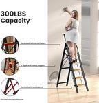 6 Step Ladder for 12 Ft High Ceiling, Folding Step Stool with Handgrip & Anti-Slip Wide Pedal, Portable Aluminum Stepladder for Kitchen, Home (300 lbs Capacity) - Black+Wood Grain