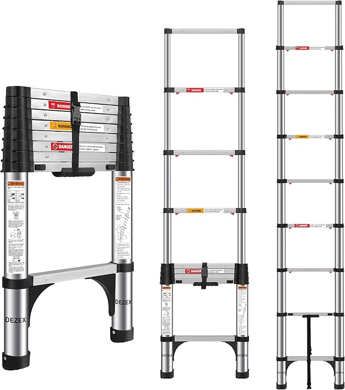 Telescoping Ladders 8.5 FT Stainless Steel - One-Button Retraction Collapsible Extension Ladder for Home,RV,Loft, Lasts 375 LBS with 2 Triangle Stabilizers