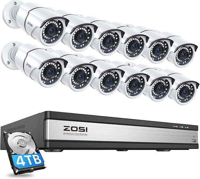 ZOSI 4K 16CH PoE Home Security Cameras System with 4TB Hard Drive,H.265 8MP 16 Channel CCTV NVR,12pcs 5MP Outdoor PoE IP Cameras,120ft Night Vision,Motion Detection,Remote Access,for 24/7 Recording