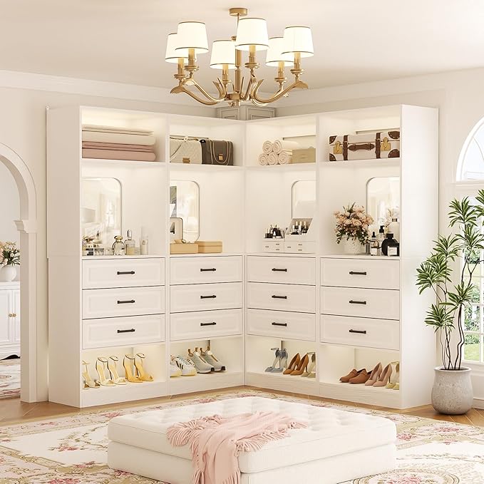 Unikito 100" Freestanding Closet System with Drawers, 8FT Closet Organizer Wardrobe with Storage Shelves and Mirror, Heavy Duty Wood Walk-in Closet Towers for Bedroom, Max Load 2000 LBS, White