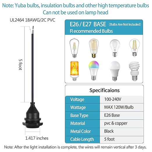 Light Socket with Cord Outdoor Light Socket Wire with E26/E27 Socket Light Bulb Socket with Cord Temporary Construction Lighting Waterproof Socket Corded (6 Pack) 5Foot 20Awg Ma6009