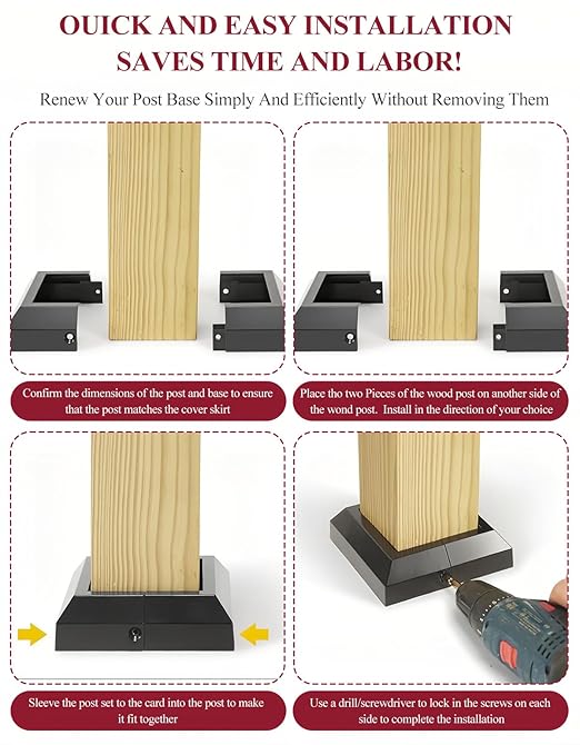 4PCS 3"x 3" Split Deck Post Base Cover, Aluminum Split Type Post Skirt Guardrail Bottom Cover for Railings, Stairs, Patios, Porches, Split Deck Base Bracket Covers(Black)