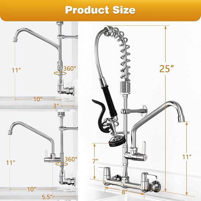 Commercial Kitchen Faucet with Sprayer for Restaurant-Chefs: BESTJEEF Commercial Sink Faucet for Cook - 25" Height 8" Center Wall Mount Kitchen Faucet with Stainless Spring Spray and 10" Add-On Spout