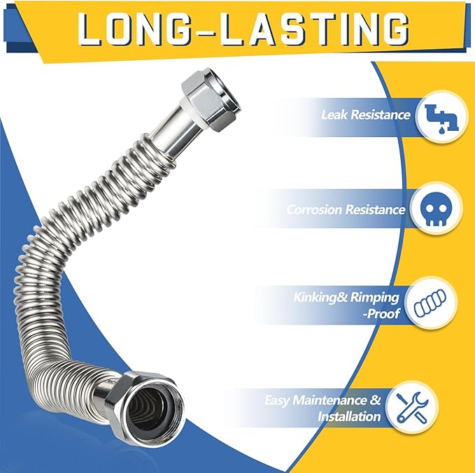 4-Pack GUOFIS Corrugated Flexible Stainless Steel Water Heater Connector,3/4" FIP x 3/4" FIP Hose for Water Heater/Water Softener(24-Inch)(HOSE040-4Pack)