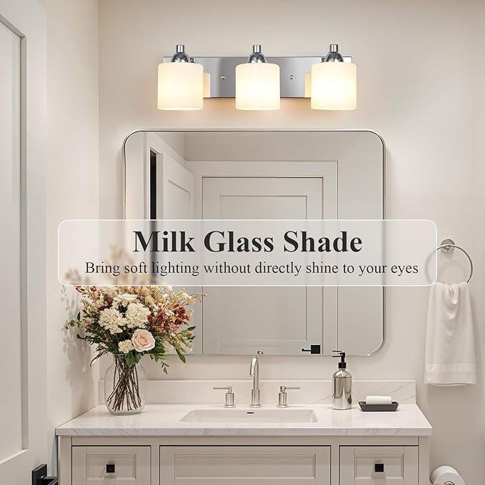 Stainless Steel Milk Glass Vanity Lights for Bathroom, 3 Light Polished Chrome Bathroom Light Fixtures Over Mirror, Ceramic E26 Sockets Wall Mounted
