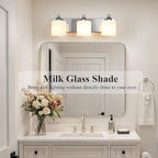 Stainless Steel Milk Glass Vanity Lights for Bathroom, 3 Light Polished Chrome Bathroom Light Fixtures Over Mirror, Ceramic E26 Sockets Wall Mounted