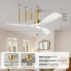 52" White and Gold Ceiling Fan with Lights,Smart Ceiling Fan Work with Alexa/Gg/App/Remote,3-Color Light Dimmable 6-Speed Quiet Reversible DC Motor for Patio Porch Bedroom