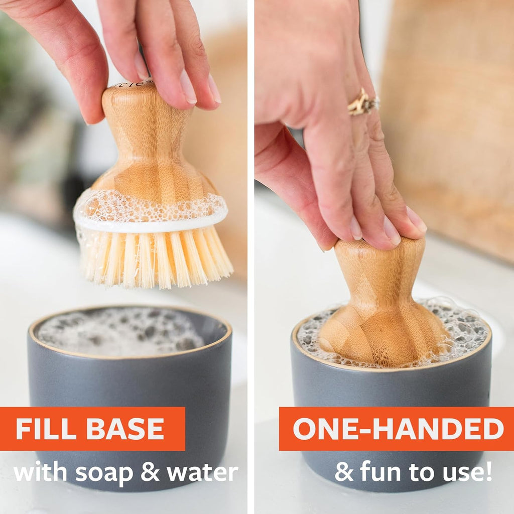 Full Circle Bubble Up- Eco-Friendly Bamboo Dish Brush & Ceramic Soap Dispenser - Natural Scrub Set for Dishes, Cast Iron - Kitchen Cleaning with Handle, White - 2 Pack