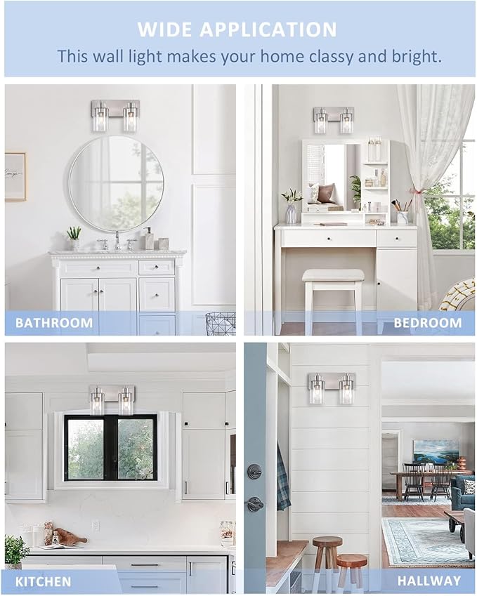 Bathroom Light Fixtures, 2-Light Brushed Nickel Bathroom Vanity Light, Modern Wall Sconces with Clear Glass Shade for Hallway Kitchen Foyer