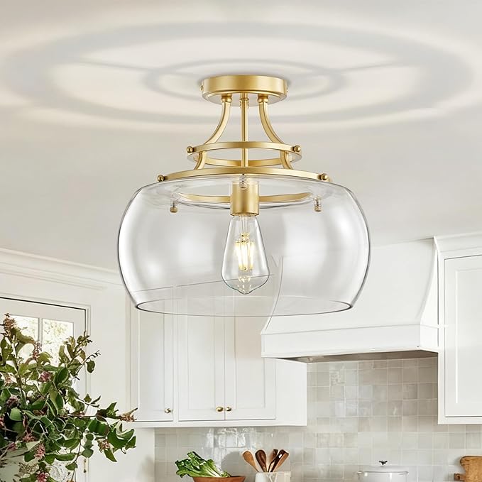 Industrial Round Chandelier Rustic Ceiling Light Fixture Farmhouse Pendant Light with Clear Glass Shade for Dining Room Hallway Entryway Kitchen Bedroom, Gold