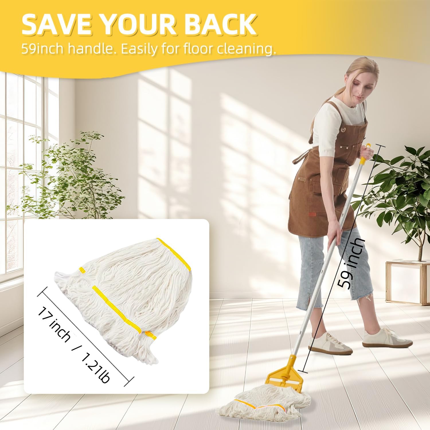 Industrial Heavy Duty Cotton Mop with Two Loop-End String Wet Mop Head,59" Long Handle Looped-End String Wet Cotton Mops for Floor Cleaning