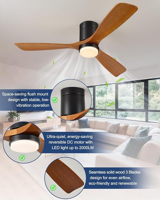 60 Inch Ceiling Fans with Lights Remote, 60" Flush Mount Outdoor Ceiling Fan Exterior Ceiling Fan, 3 Wood Blades, 6 Speeds, Timer, Quiet DC Motor Modern Low Profile Fans for Patio Porch