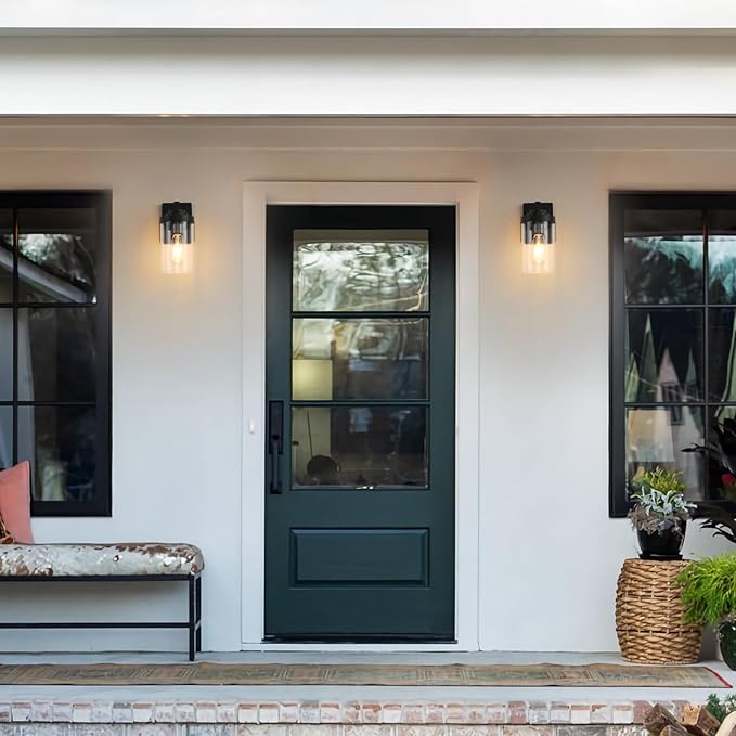 Outdoor Indoor Wall Sconce Set of 2, Modern Exterior Wall Lantern with Clear Glass, Black Outside Lighting Wall Mount for Porch Patio Bathroom Vanity