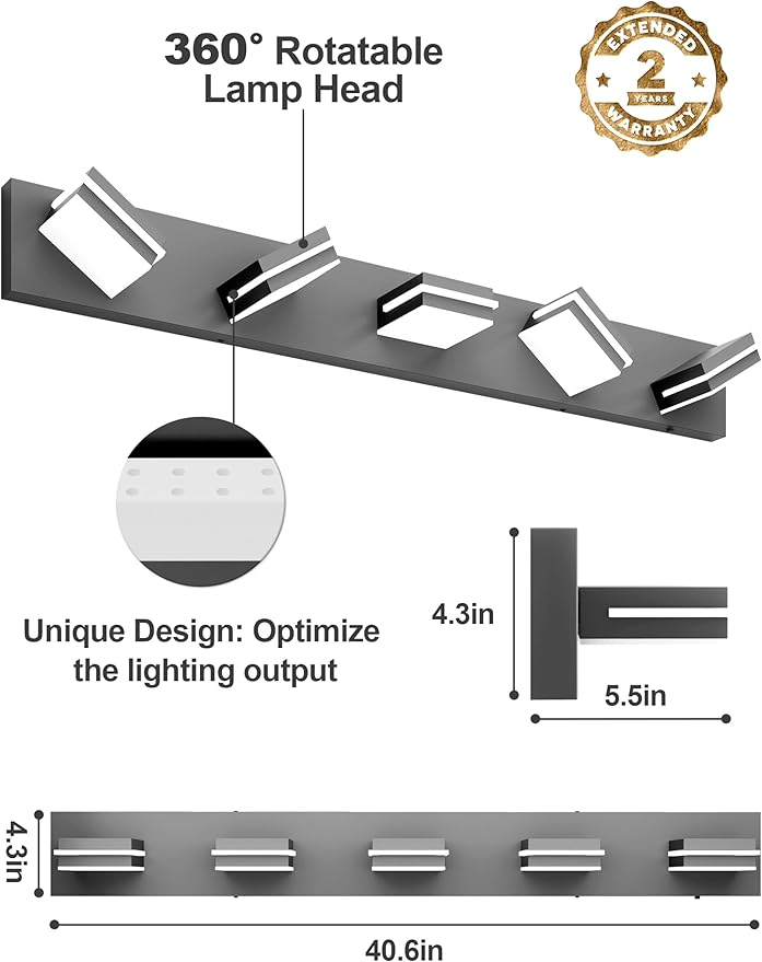 VOLISUN 5 Light Bathroom Vanity Light Fixtures 40 inch,Black LED Bathroom Lighting Fixtures Over Mirror, 360°Rotatable Head, LED Vanity Lights for Bathrooms (6000K)