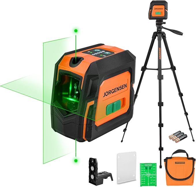 JORGENSEN Laser Level with Tripod & 2 Plumb Dots, 100 FT Self Leveling Point Cross Line Laser Leveler Tool, Wide Angle Green Laser Level for Picture Hanging, Indoor Project, Construction, Carry Bag