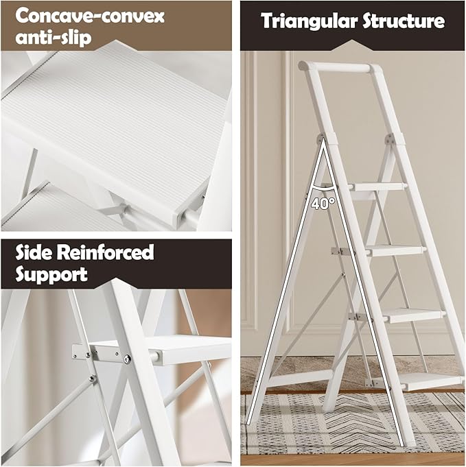 Taranta 4 Step Ladder, Portable Folding Ladder with Wide Pedal, Lightweight Aluminum Step Stool with Convenient Handgrip, 330 lbs Capacity Stepladder for Home, Office - White
