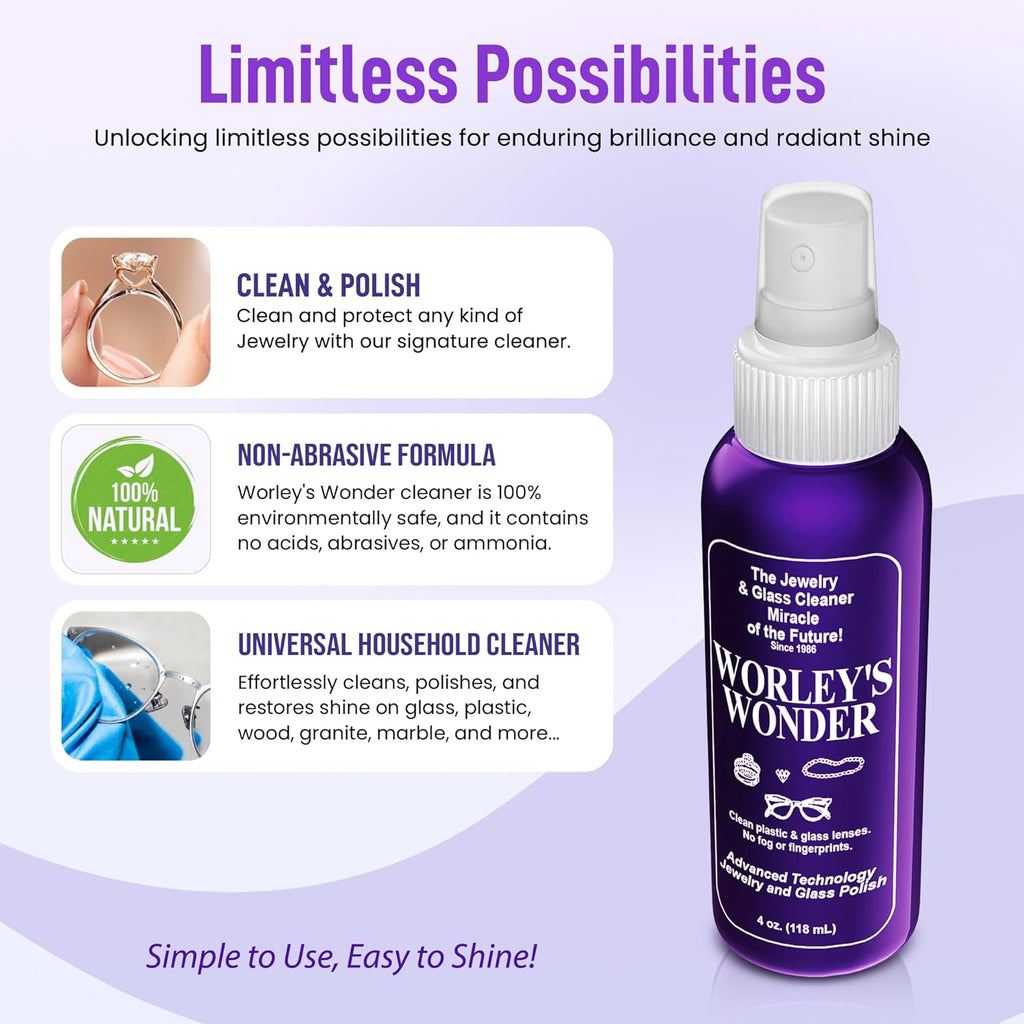 Worley's Wonder Jewelry & Glass Cleaner (4 Ounce Spray Bottle) - Jewelry Cleaner Spray for Gold, Silver, Diamonds, Gemstones, Glass, Marble, Electronics (Pack of 48)