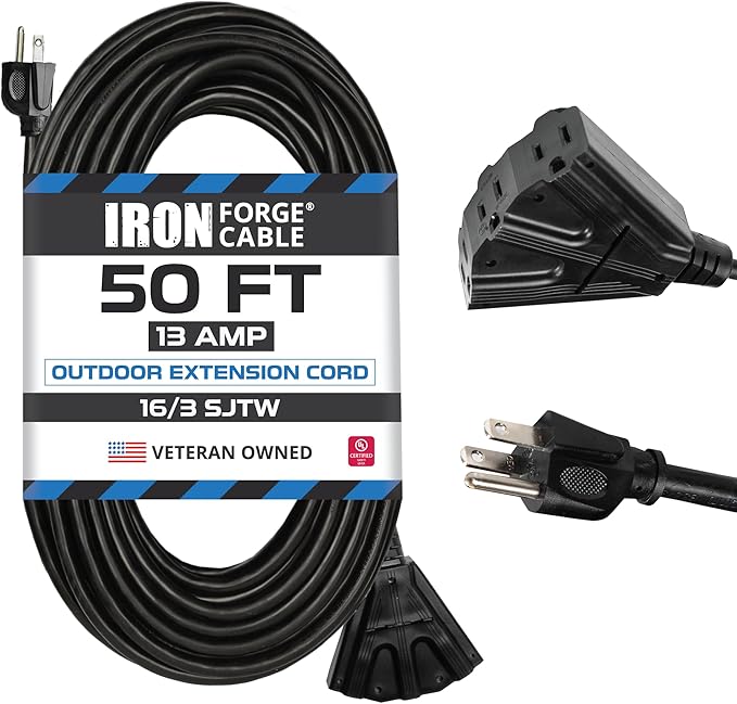 Iron Forge Cable 50 Ft Black Extension Cord with 3 Outlets - 16/3 SJTW 50 Foot Extension Cord 3 Prong, Weatherproof Exterior Power Cable for Outdoor