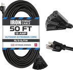 Iron Forge Cable 50 Ft Black Extension Cord with 3 Outlets - 16/3 SJTW 50 Foot Extension Cord 3 Prong, Weatherproof Exterior Power Cable for Outdoor