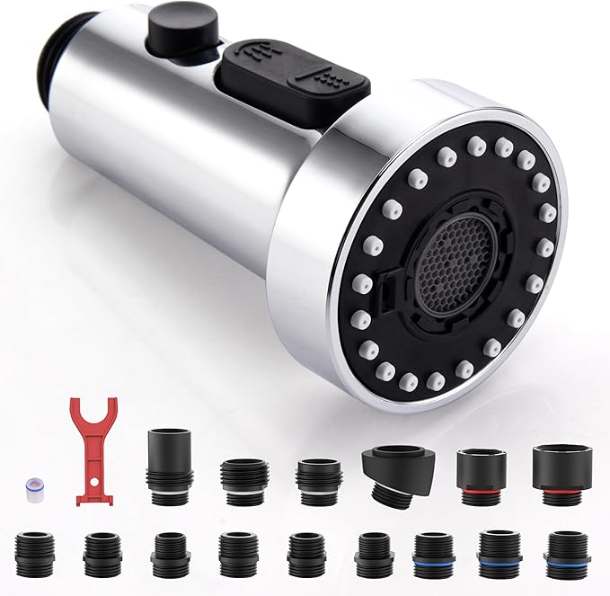 J-HVA Pull Down Kitchen Faucet Sprayer Head Replacement Part with 15 Connectors, 3 Function Pull Out Sink Sprayer Replacement Nozzle, Kitchen Faucet Head Hose Spray Tap Spout, Chrome