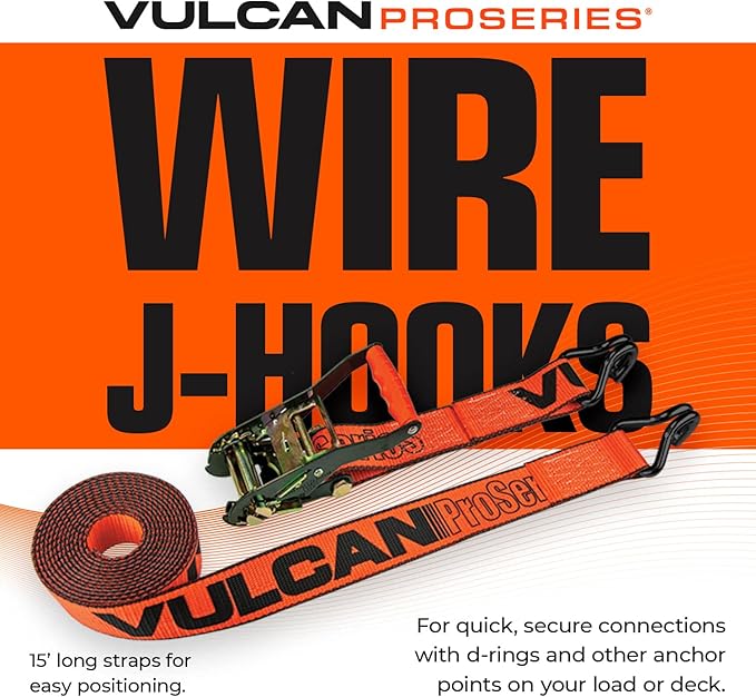 VULCAN Complete Axle Strap Tie Down Kit with Wire Hook Ratchet Straps - PROSeries - Includes (4) 22 Inch Axle Straps, (4) 36 Inch Axle Straps, and (4) 15' Wire J Hook Ratchet Straps
