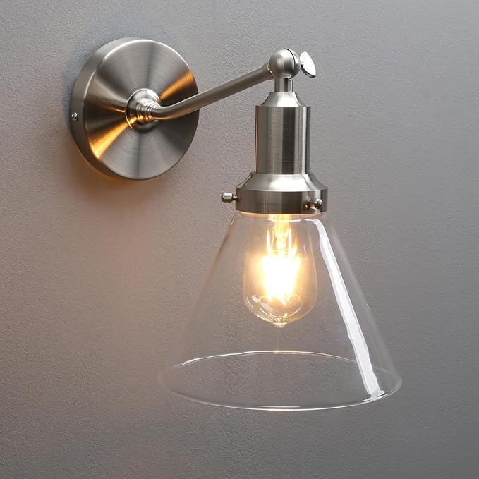 PERMO Industrial Vintage Slope Pole Wall Mount Single Sconce with Funnel Flared Clear Glass Shade Wall Sconce Light Lamp Fixture (Brushed)