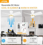 30" White low profile Ceiling Fan with Light, with Gold Trim Ring, Large Air Volume, flush mount ceiling fan for Bedroom Kitchen Dining room Patio