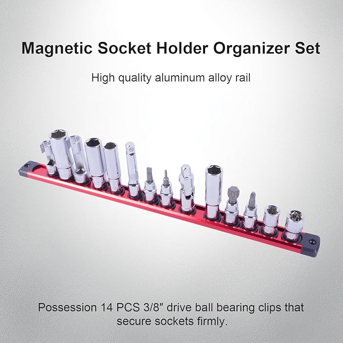 Magnetic Socket Holder Organizer Set:3/8-Inch Drive Socket Trays Socket, 360° Swivel 14 Clips Socket Holder Kit, For Automotive Mechanic Garage (Red)
