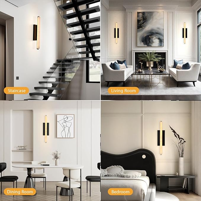 Alabaster Wall Sconces, 25in Black Alabaster Sconce, Modern Spanish Natural Marble Sconces Lights, Rectangle Sconces for Bathroom Vanity Bedroom Living Room Staircases Hallway