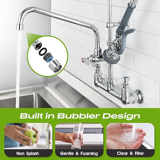 Commercial Sink Faucet with Sprayer 36" Height, 8 Inch Center Wall Mount Kitchen Sink Faucet with Down Pre-Rinse Sprayer and 12" Add-on Swing Spout